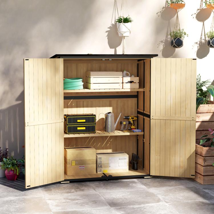 Natural wood outdoor storage shed with double doors open to reveal two levels of shelving