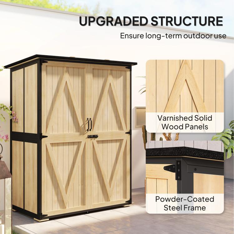 Natural wood shed with black powder-coated steel frame and double doors for outdoor storage