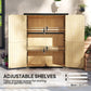 Natural wood shed with open double doors and adjustable shelving on interior side rails