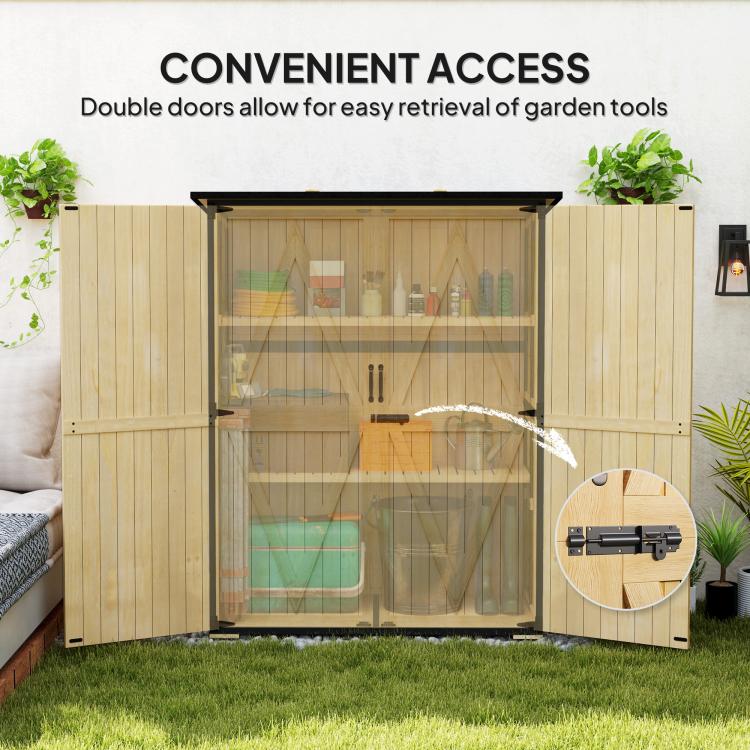 Natural wood storage shed with double doors and see-through cover over interior items