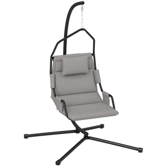 Gray hanging hammock chair with padded seat, headrest, and black steel stand base
