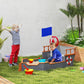 Kids pirate ship sandbox with blue flag, red wheel, and front play tray