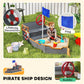 Kids pirate ship sandbox with red wheel, blue flag, and lifebuoy-style decoration