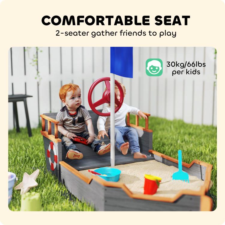 Kids pirate ship sandbox with two bench seats, red wheel, and blue flag