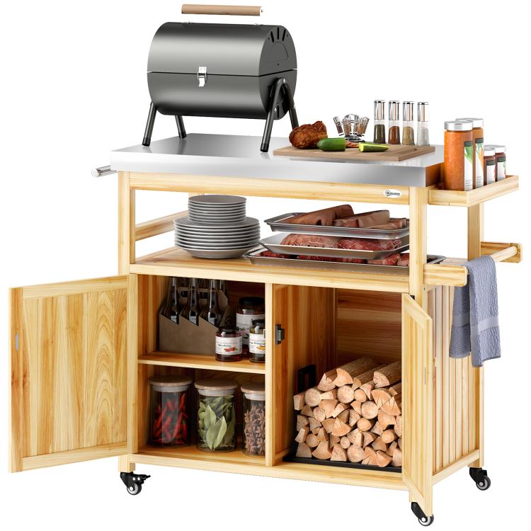 Outdoor grill cart with stainless steel top, wood storage cabinets, and open shelves on wheels