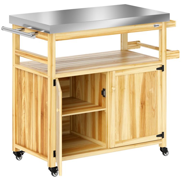 Wood outdoor kitchen island cart with stainless steel top, cabinet doors, and open interior shelves
