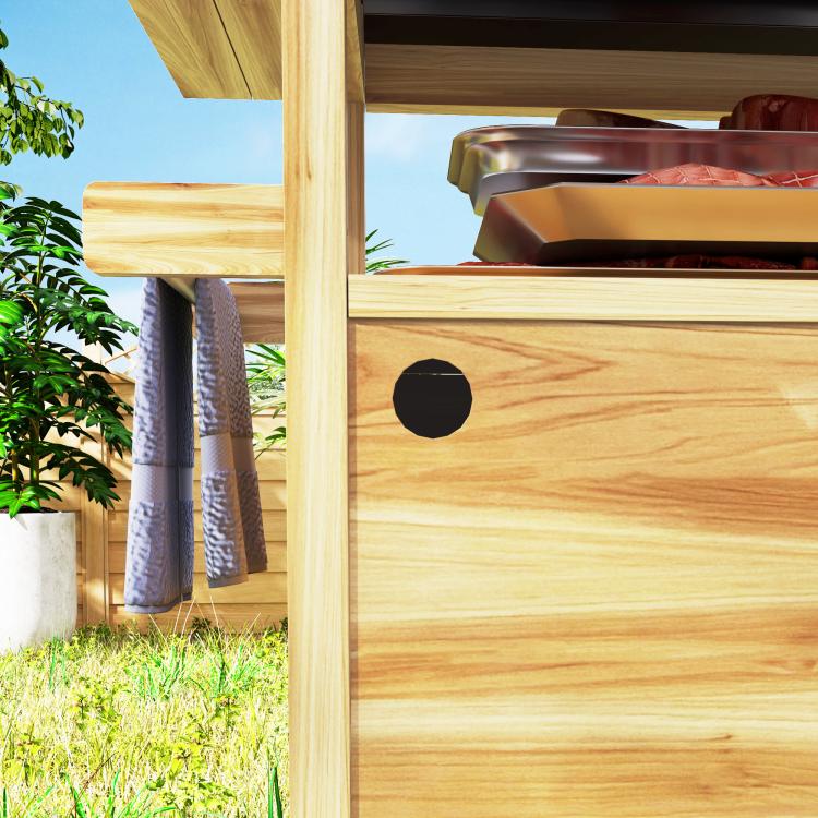 Natural wood outdoor grill cart with cabinet panel and round cutout opening
