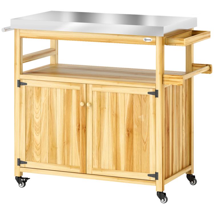 Natural wood outdoor kitchen island with stainless steel top, cabinet doors, and wheels