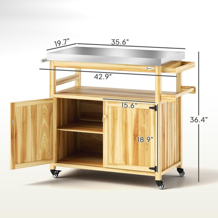 Outdoor kitchen cart with stainless steel top, storage cabinets, and open shelf under the top