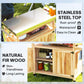 Outdoor grill cart showing stainless steel top and natural fir wood storage shelves and cabinet