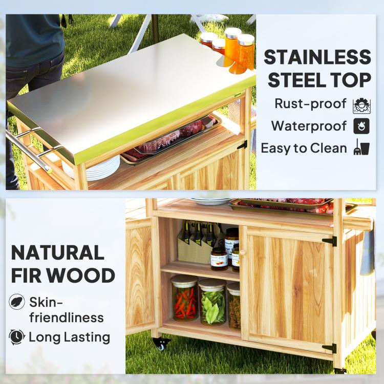 Outdoor grill cart showing stainless steel top and natural fir wood storage shelves and cabinet
