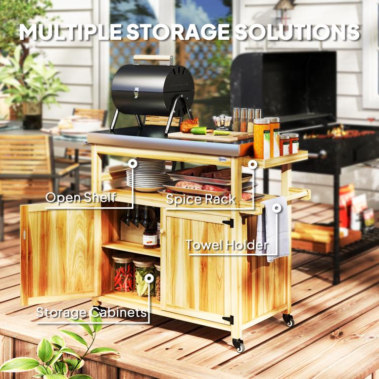 Wood grill cart with stainless steel top, open shelf, spice rack, towel holder, and cabinet storage