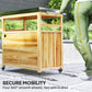 Wood outdoor kitchen island cart with stainless steel top, cabinet doors, and caster wheels