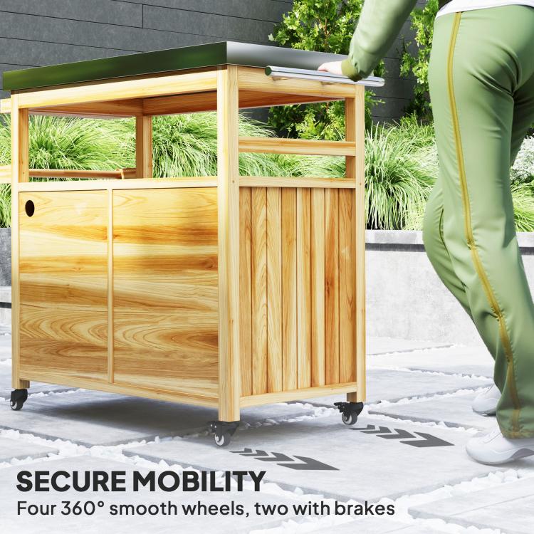 Wood outdoor kitchen island cart with stainless steel top, cabinet doors, and caster wheels