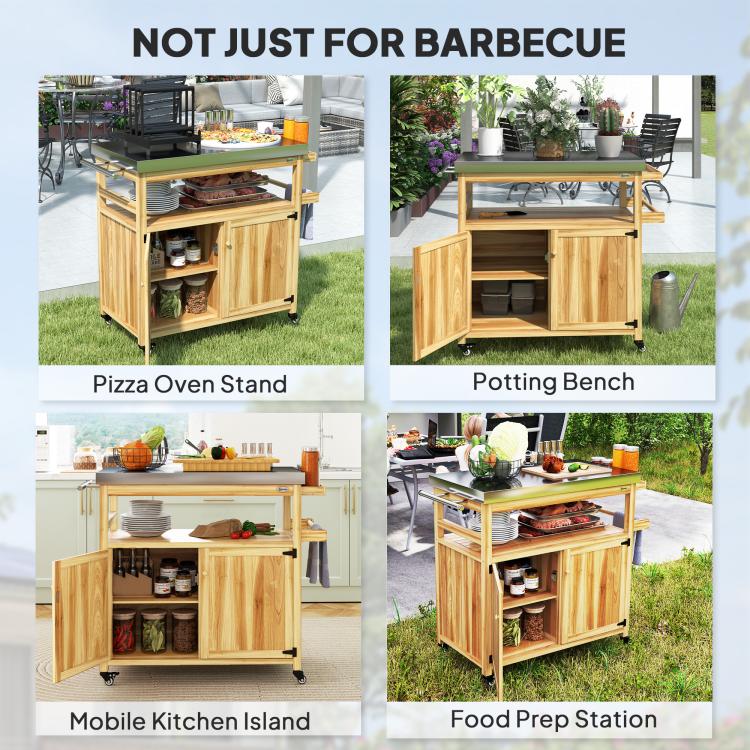 Wood mobile kitchen island cart with stainless steel top, open shelves, and cabinet storage