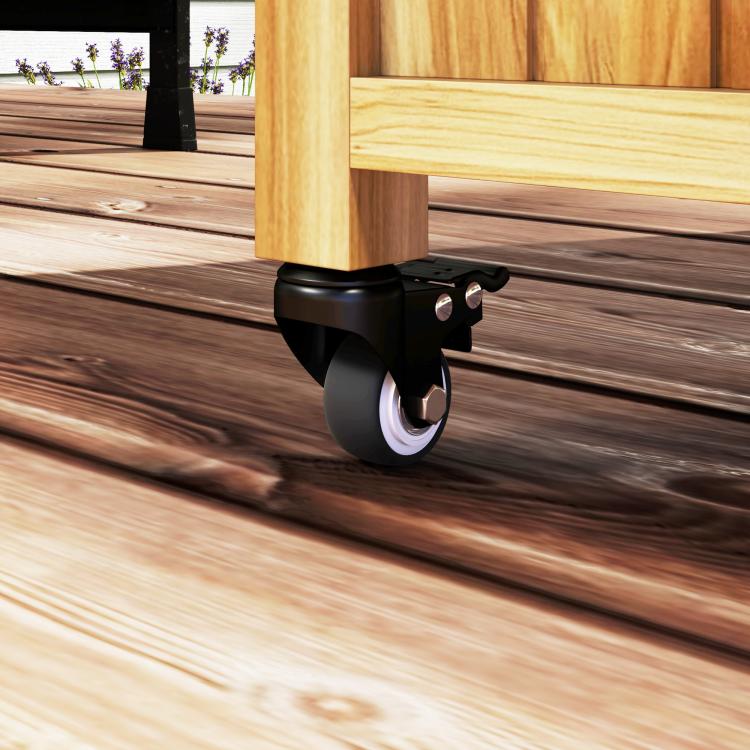 Caster wheel base on a natural wood outdoor kitchen cart with stainless steel top