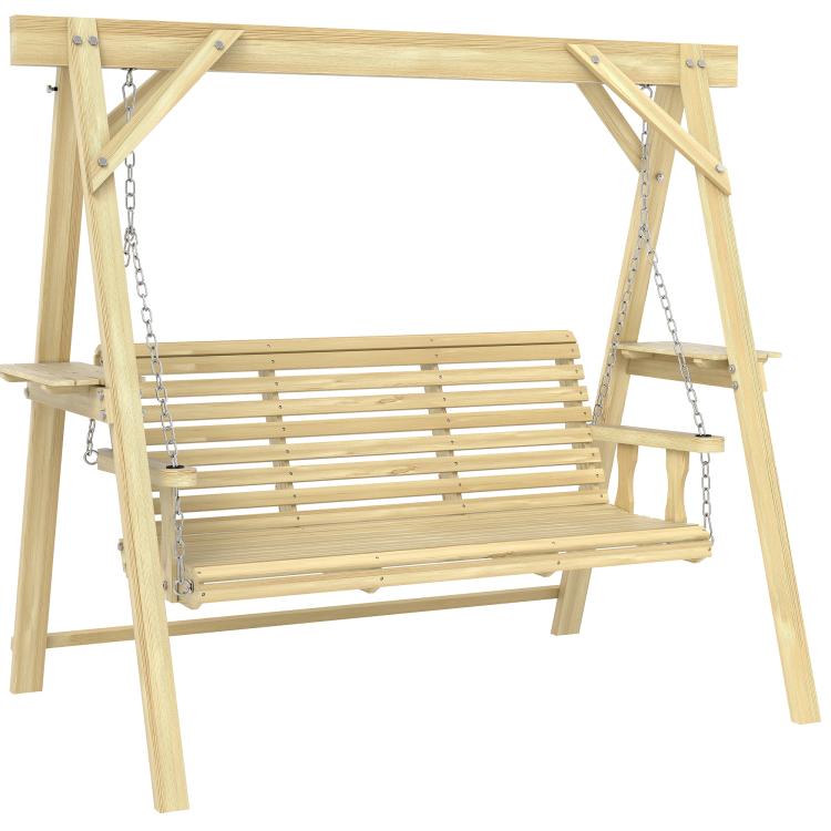 Wooden porch swing with chains, slatted 3-seat bench and arm frame