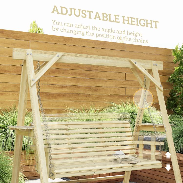 Natural wood porch swing with adjustable height-style frame and slatted seat