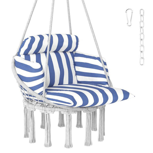 Hammock swing chair with blue-and-white striped cushion and hanging macrame fringe