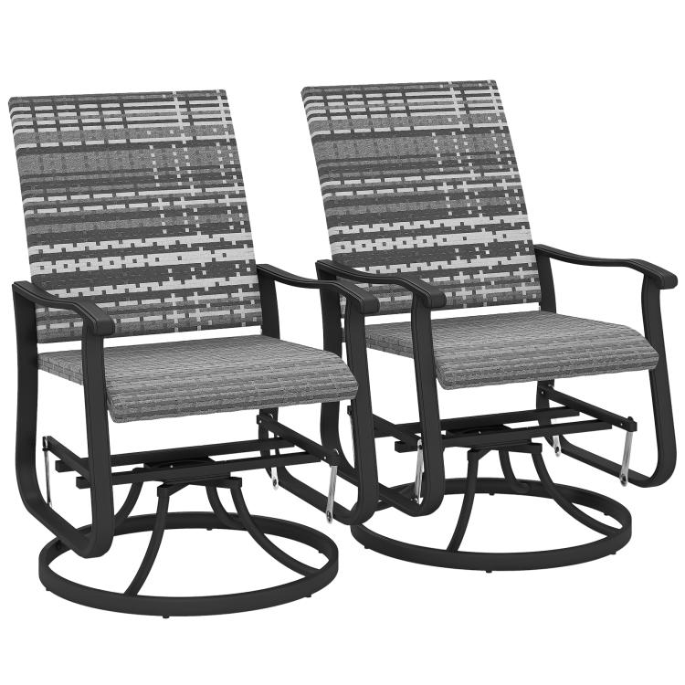 Two gray outdoor rocking glider chairs with patterned high backs and padded armrests