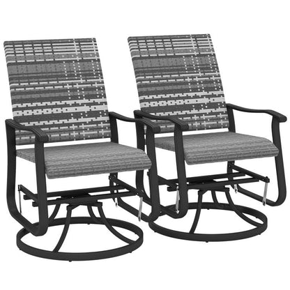 Two gray outdoor rocking glider chairs with patterned high backs and padded armrests