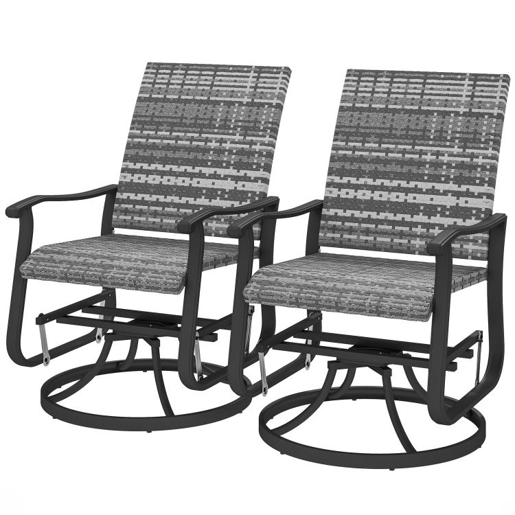 Two gray outdoor rocking glider chairs with patterned seats and curved steel armrests
