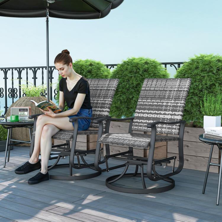 Gray outdoor rocking glider chair pair with patterned high backs and cushioned seats