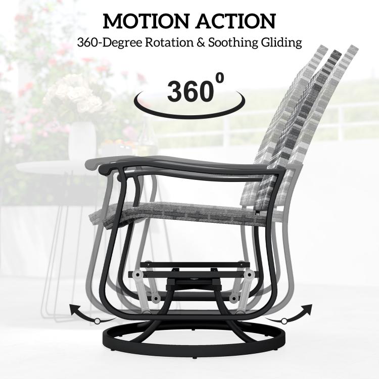 Gray outdoor rocking glider chair with patterned back and seat, swiveling base motion