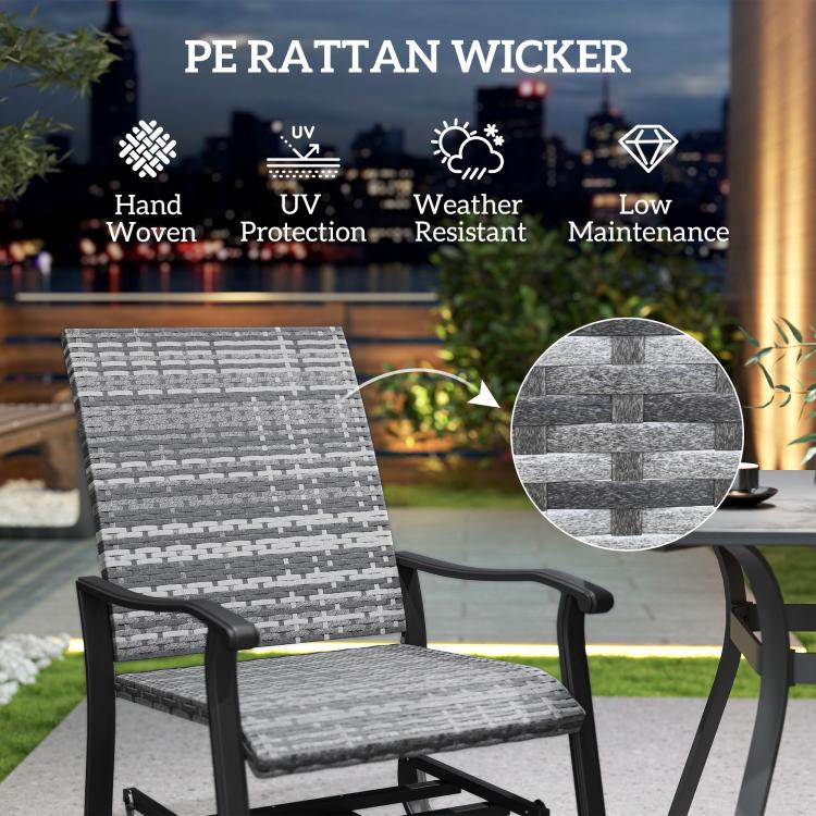 Gray woven-look wicker rocking glider chair with high back and cushioned seat