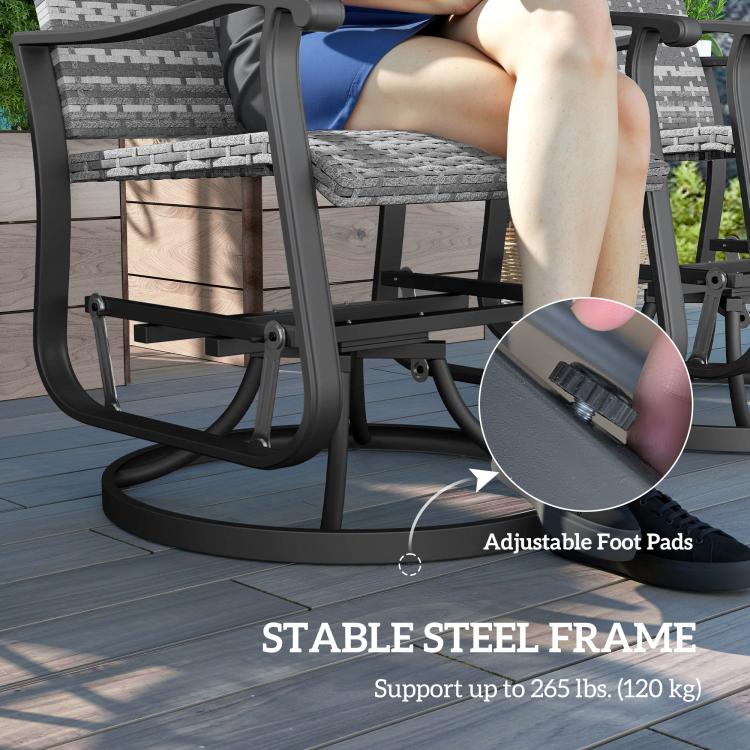 Rocking glider chair base with adjustable foot pads and gray steel frame