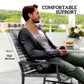 High-back gray outdoor rocking glider chair with armrests and patterned cushioned seat