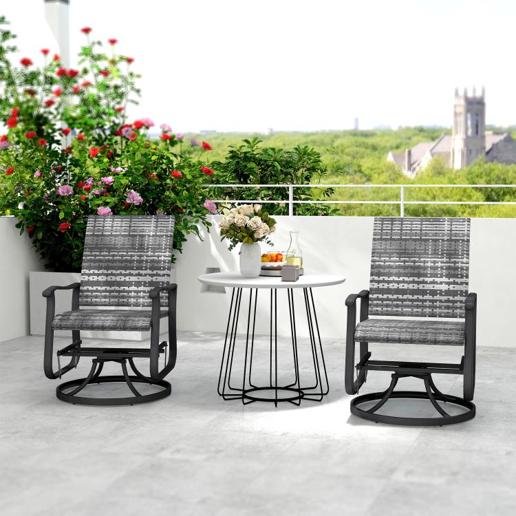 Set of two gray outdoor rocking glider chairs with patterned backs and armrests