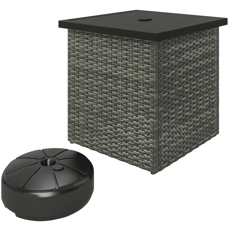 Mixed-gray square outdoor side table with woven wicker sides and dark top.