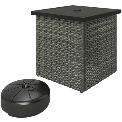 Mixed-gray square outdoor side table with woven wicker sides and dark top.