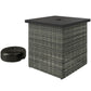 Mixed-gray square outdoor side table with woven wicker texture and dark tabletop.