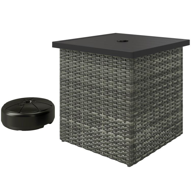 Mixed-gray square outdoor side table with woven wicker texture and dark tabletop.