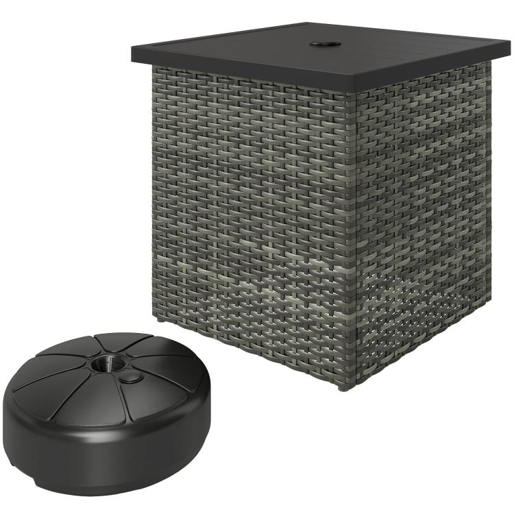 Square side table with woven gray wicker, black top, and small umbrella hole