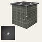 Square wicker outdoor side table with dark top and side dimensions markings.