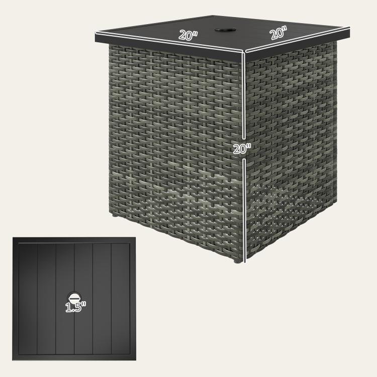 Square wicker outdoor side table with dark top and side dimensions markings.