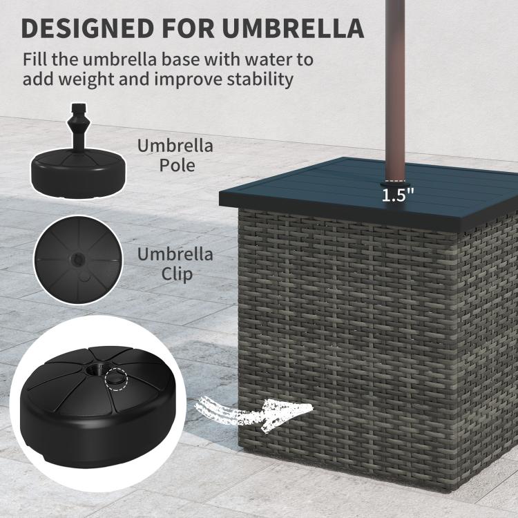Mixed-gray outdoor side table showing 1.5-inch umbrella hole on dark top.