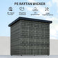 Wicker outdoor side table with woven panel design and dark, flat top.