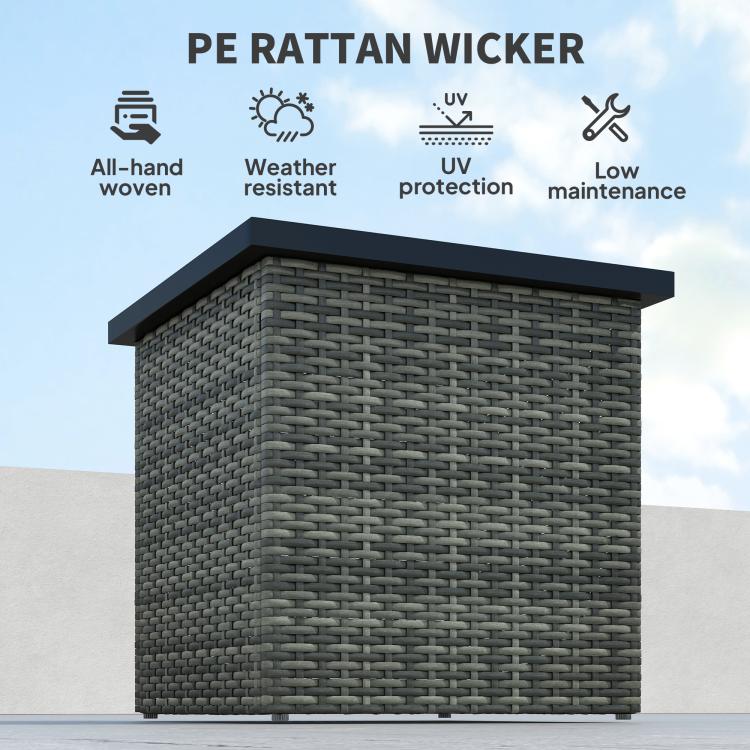 Wicker outdoor side table with woven panel design and dark, flat top.