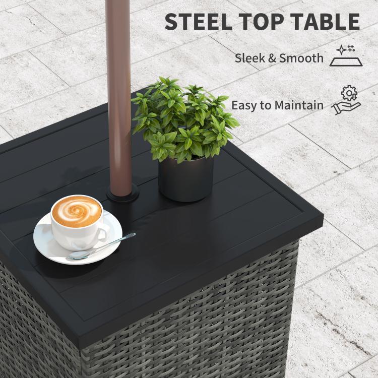 Mixed-gray wicker side table with dark steel top and small potted plant.