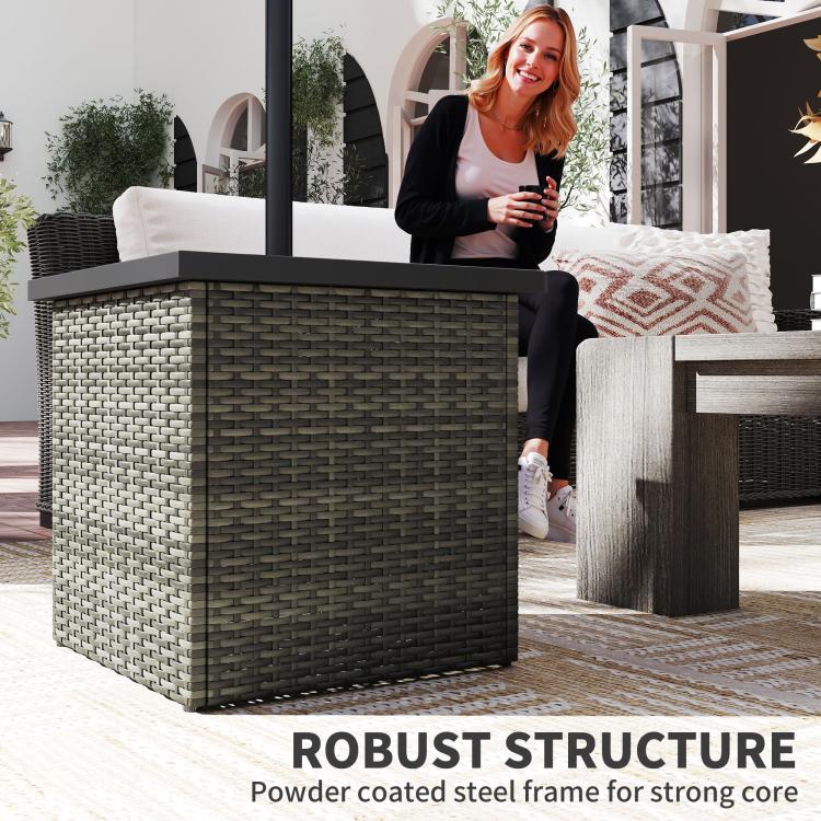 Square woven side table with dark top in mixed-gray wicker finish.