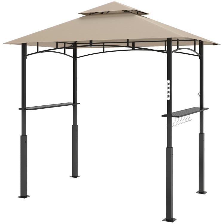 Outdoor grill gazebo with khaki top canopy and black posts, side panel hooks