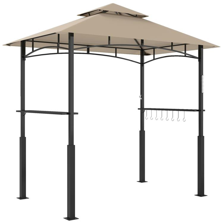 Outdoor grill gazebo with khaki slanted roof, black posts, and hanging hooks