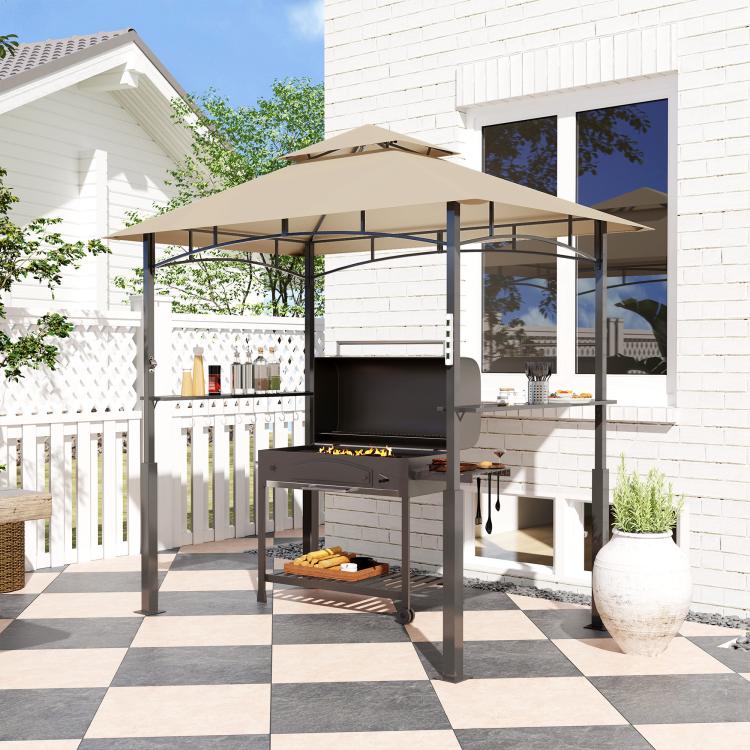 Outdoor grill gazebo with khaki canopy and black frame, grill with side storage shelves