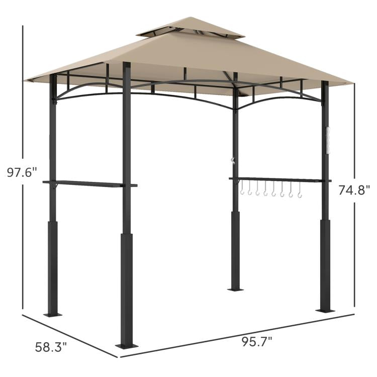 Outdoor grill gazebo frame with khaki canopy, measured dimensions shown on posts