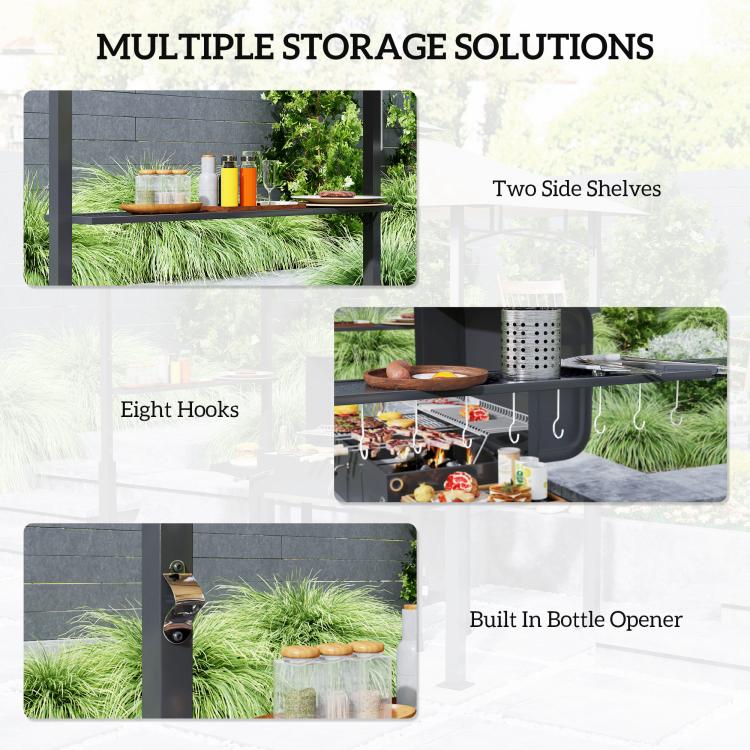 Outdoor grill gazebo with two side shelves, eight hooks, and built-in bottle opener