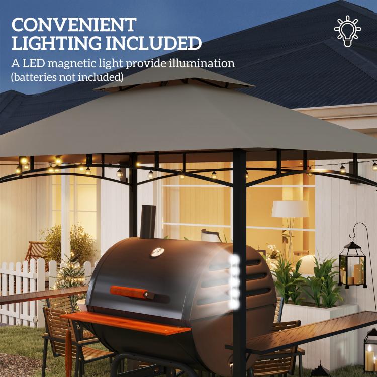 Outdoor grill gazebo with LED lighting on khaki canopy and black metal frame